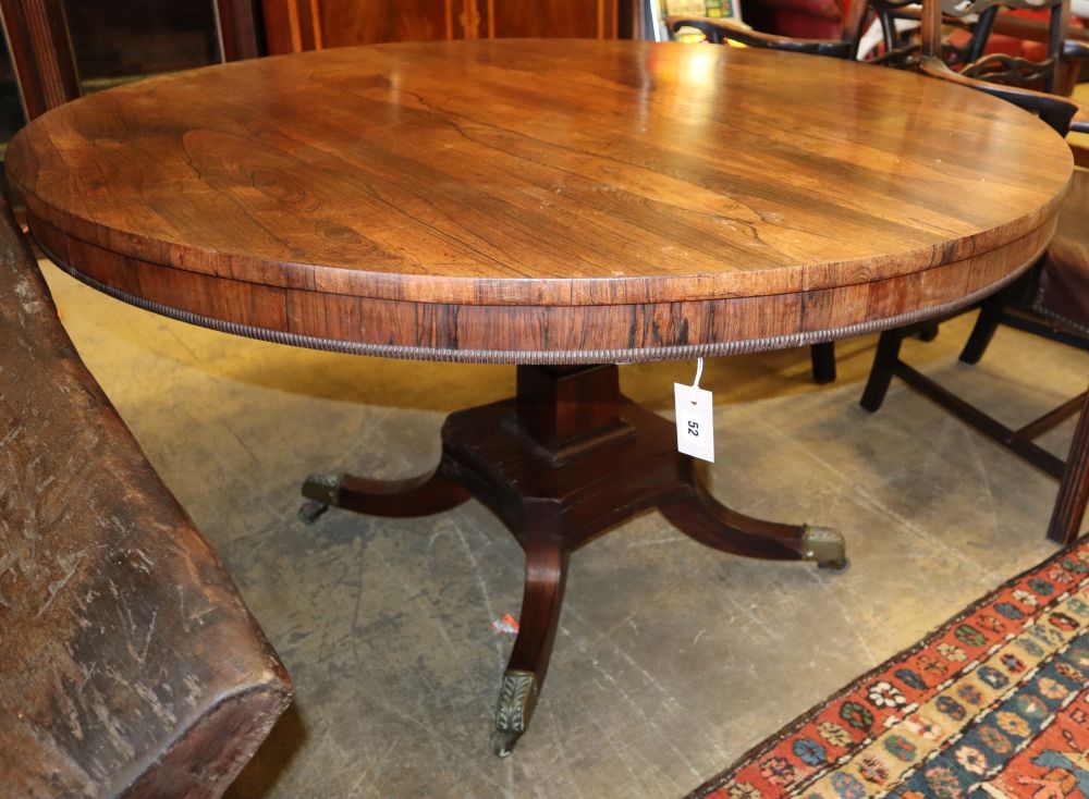 A Regency rosewood circular breakfast table, 128cm diameter, H.69cm